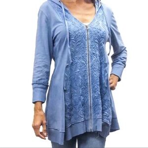 Johnny Was Styl embroidered blue long Caite Beautiful Cotton Asymmetrical hoodie